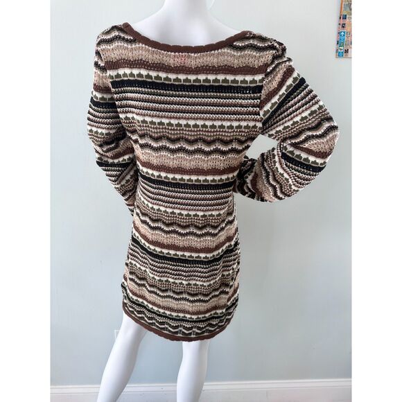 Pink Lily Crochet Knit Multi Color Bell Sleeve Dress size Large Boho Chic Style - Picture 2 of 7